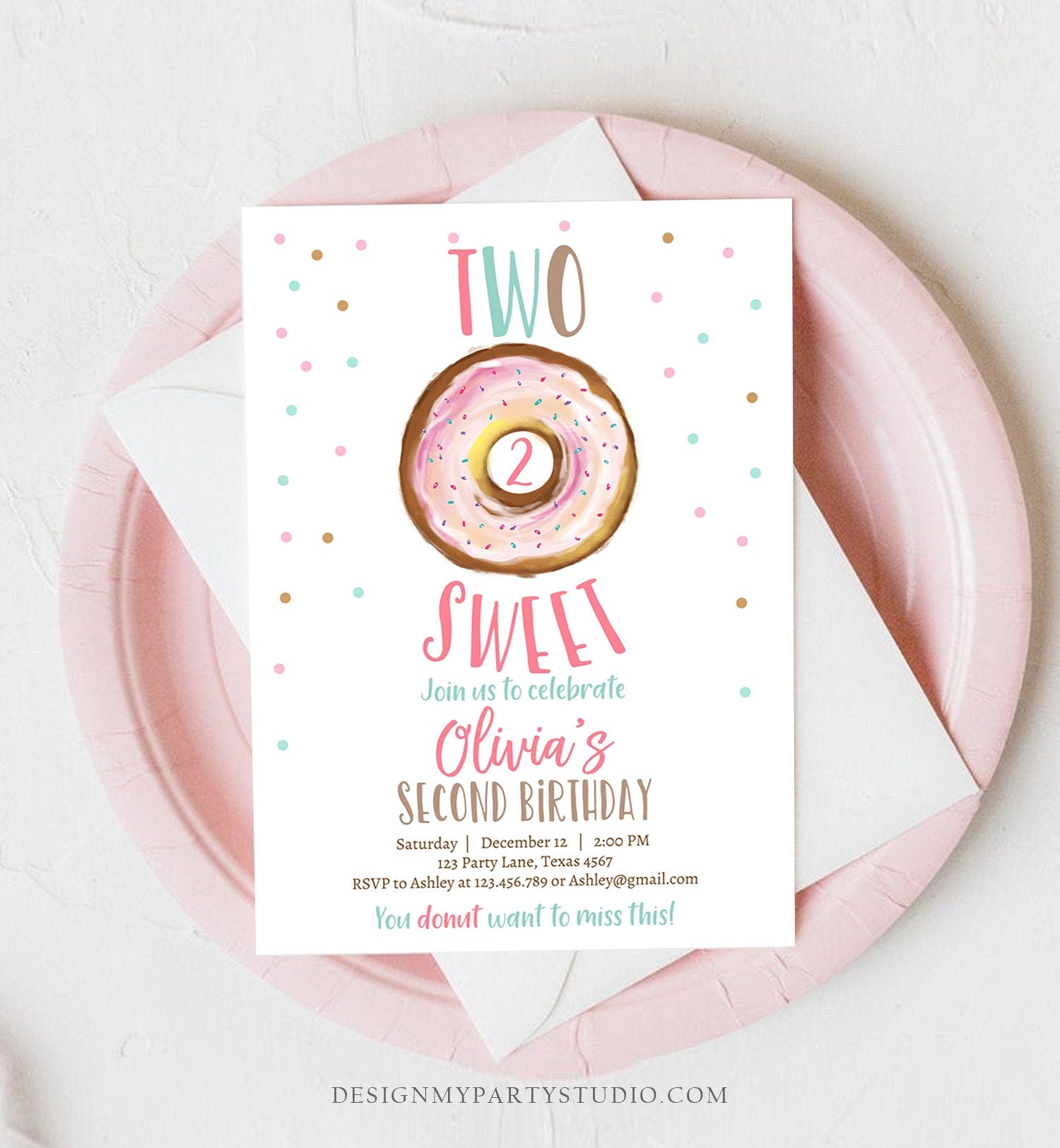 Editable Two Sweet Birthday Invitation Donut Birthday Party Pink Girl 2nd Birthday Doughnut Digital Download Printable Template Corjl 0368