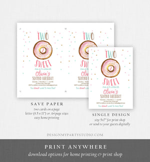 Editable Two Sweet Birthday Invitation Donut Birthday Party Pink Girl 2nd Birthday Doughnut Digital Download Printable Template Corjl 0368