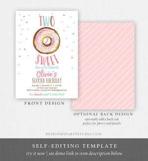 Editable Two Sweet Birthday Invitation Donut Birthday Party Pink Girl 2nd Birthday Doughnut Digital Download Printable Template Corjl 0368