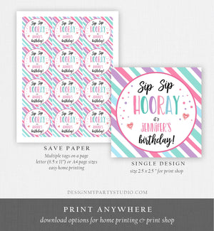 Editable Crazy Straw Tags Birthday Tags Sip Sip Hooray Its Your Birthday Favors Personalized Straw Tag Pink Purple Digital PRINTABLE
