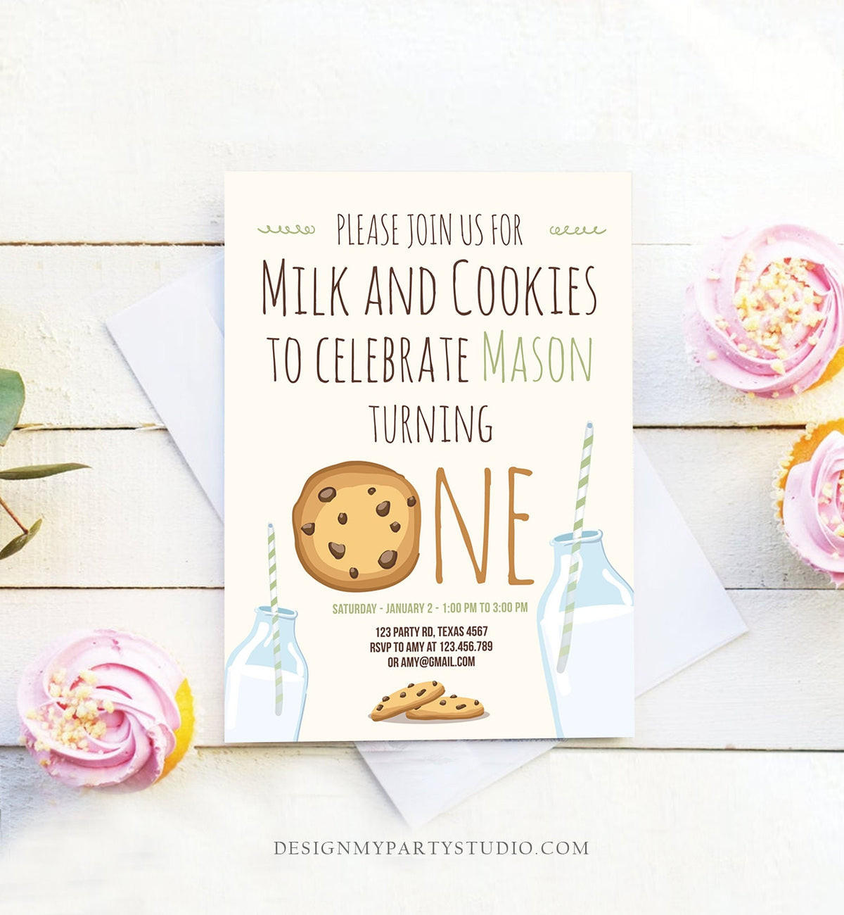 Editable Milk and Cookies Birthday Invitation Milk &amp; Cookies Party 1st Birthday First Birthday Mint Green Boy Printable Template Corjl 0088