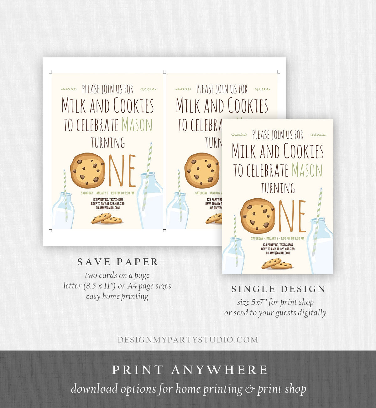 Editable Milk and Cookies Birthday Invitation Milk &amp; Cookies Party 1st Birthday First Birthday Mint Green Boy Printable Template Corjl 0088