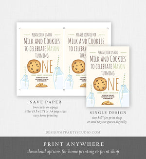 Editable Milk and Cookies Birthday Invitation Milk & Cookies Party 1st Birthday First Birthday Mint Green Boy Printable Template Corjl 0088