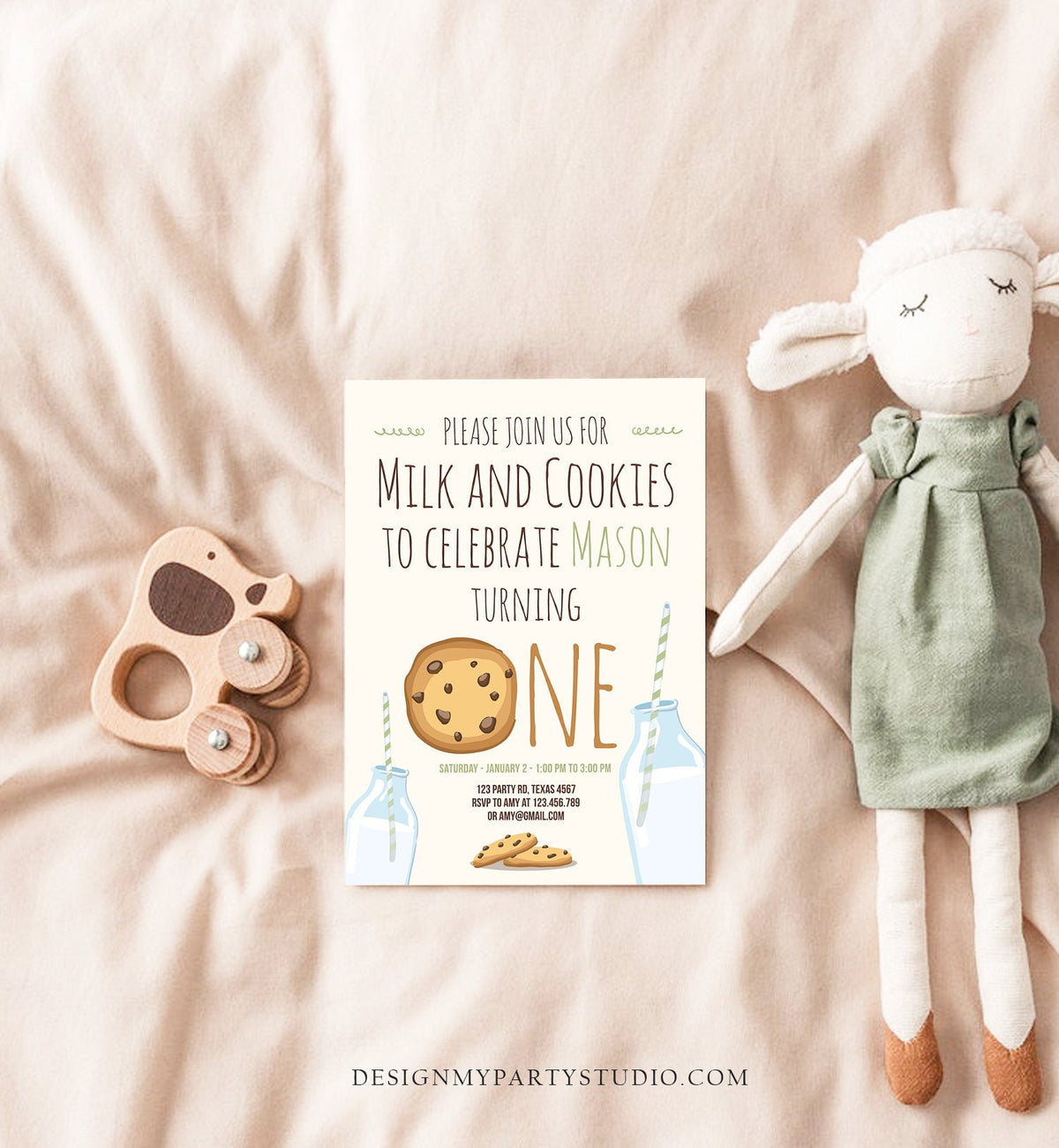 Editable Milk and Cookies Birthday Invitation Milk &amp; Cookies Party 1st Birthday First Birthday Mint Green Boy Printable Template Corjl 0088