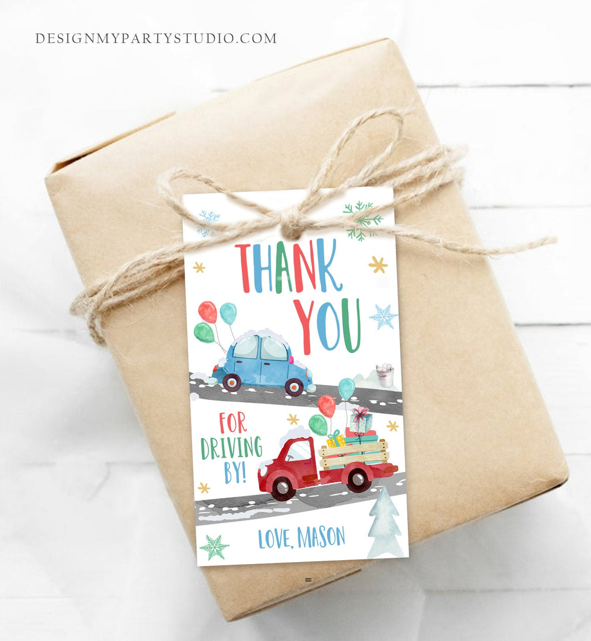 Editable Winter Drive By Favor Tag Drive By Birthday Party Parade Thank You Gift Tags Round Square Blue Boy Corjl Template Printable 0333