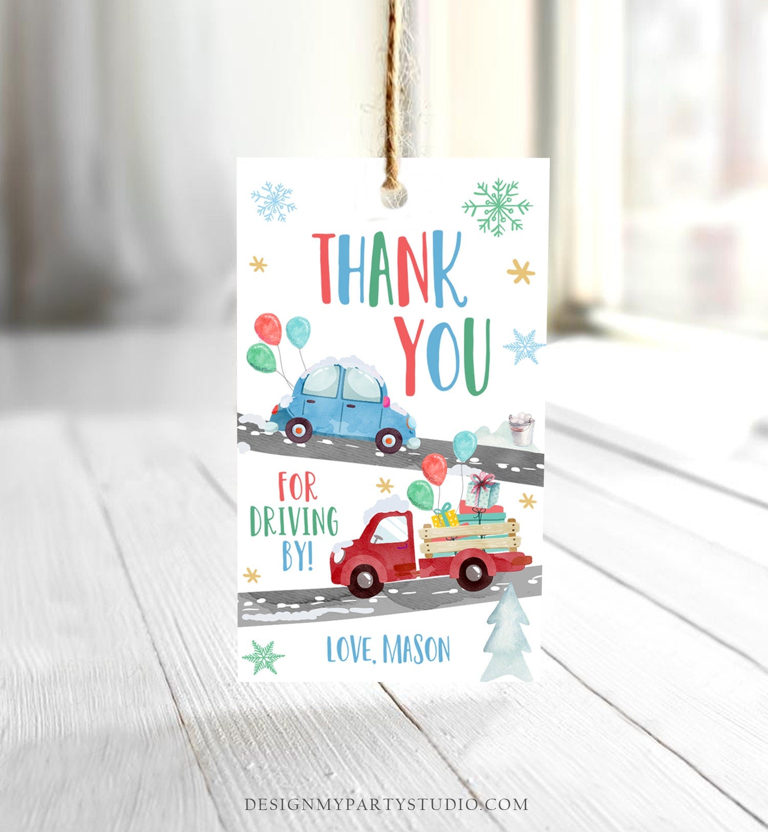 Editable Winter Drive By Favor Tag Drive By Birthday Party Parade Thank You Gift Tags Round Square Blue Boy Corjl Template Printable 0333