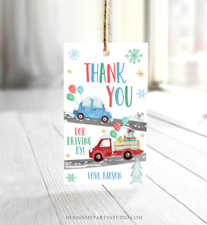 Editable Winter Drive By Favor Tag Drive By Birthday Party Parade Thank You Gift Tags Round Square Blue Boy Corjl Template Printable 0333