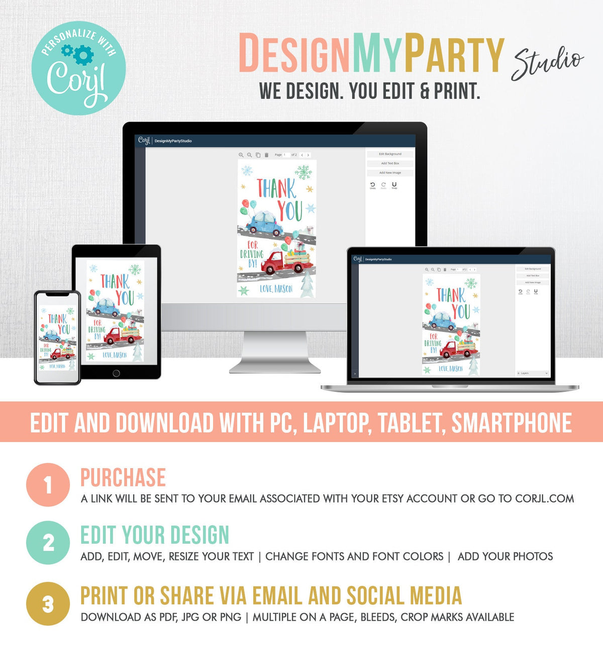 Editable Winter Drive By Favor Tag Drive By Birthday Party Parade Thank You Gift Tags Round Square Blue Boy Corjl Template Printable 0333