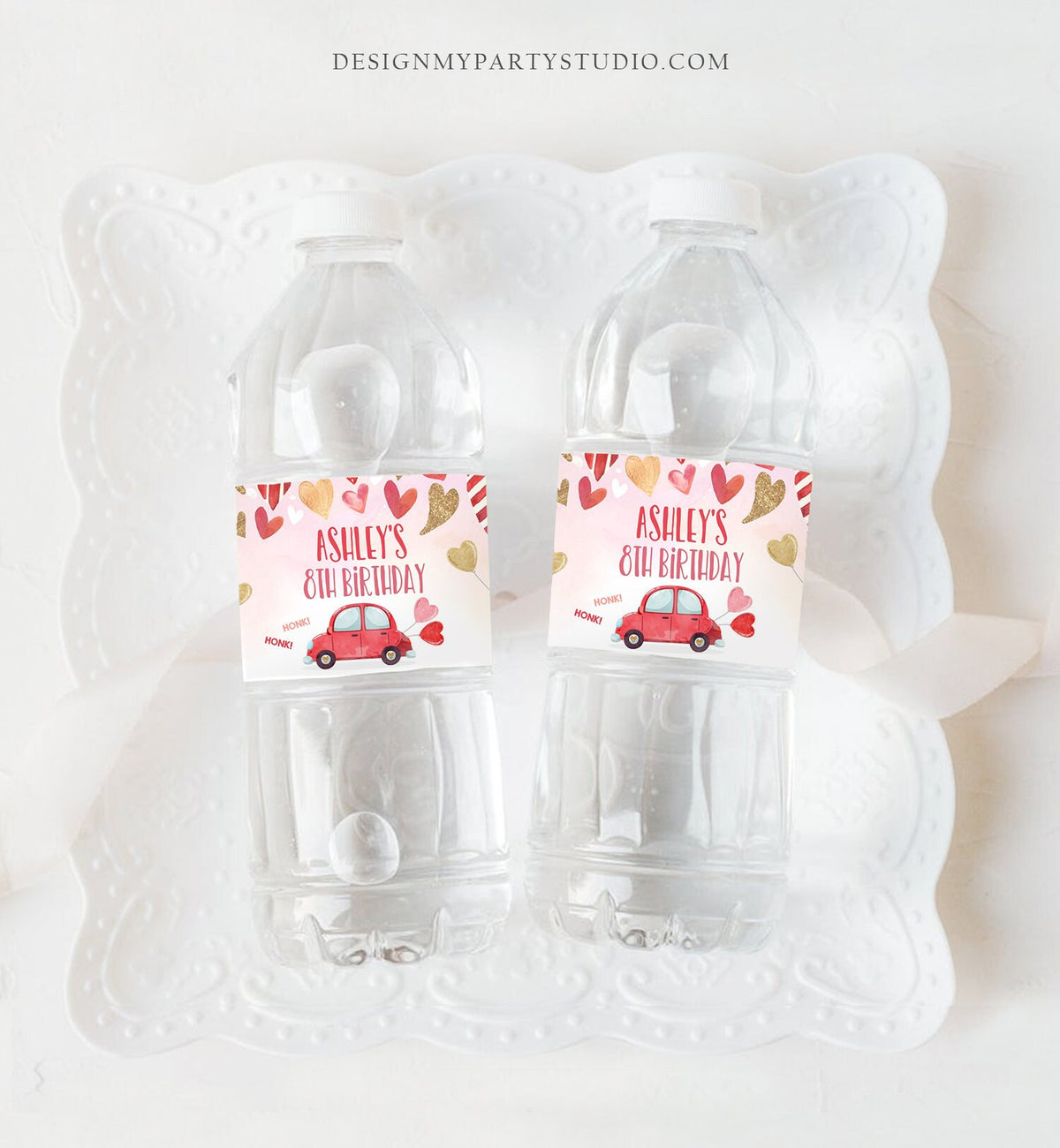 Editable Water Bottle Labels Drive By Valentine Birthday Baby Shower Decor Sweetheart Hearts Car Pink Red Gold Template Corjl Printable 0371