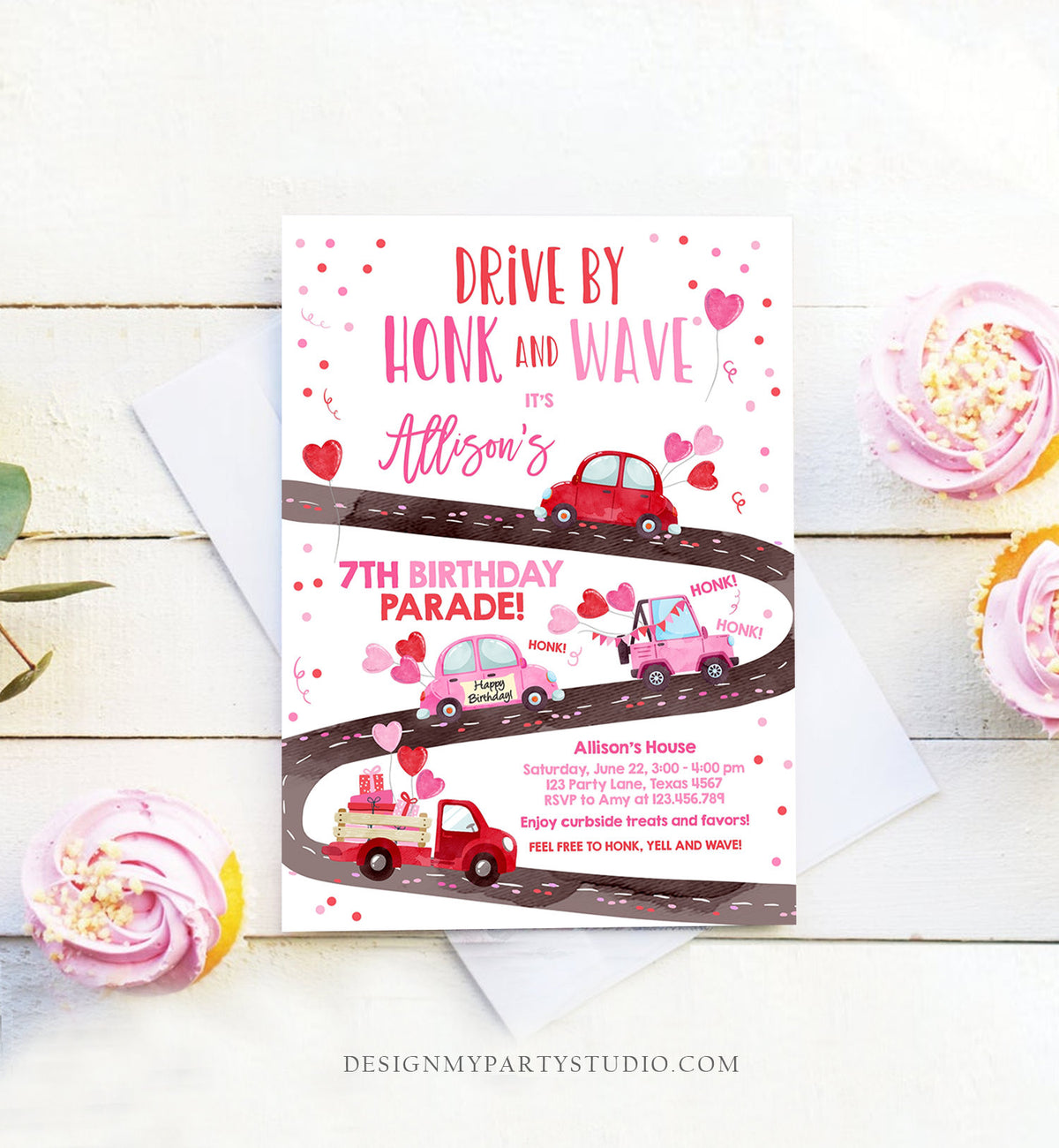 Editable Little Sweetheart Drive By Birthday Invitation Valentine Girl Hearts Pink Drive Through First 1st Corjl Template Printable 0365