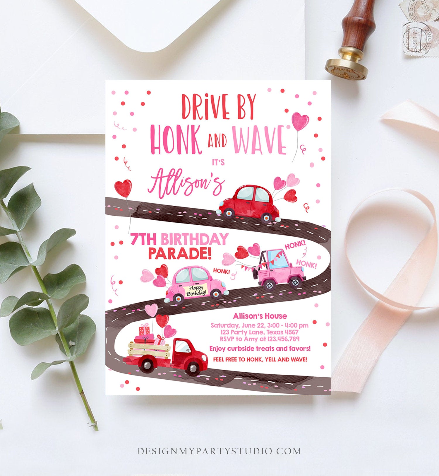 Editable Little Sweetheart Drive By Birthday Invitation Valentine Girl Hearts Pink Drive Through First 1st Corjl Template Printable 0365