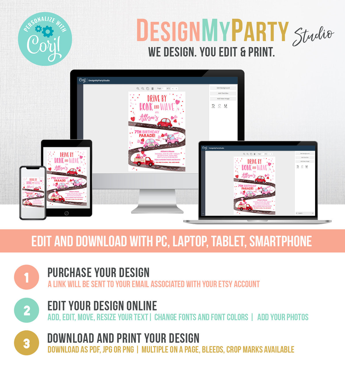 Editable Little Sweetheart Drive By Birthday Invitation Valentine Girl Hearts Pink Drive Through First 1st Corjl Template Printable 0365