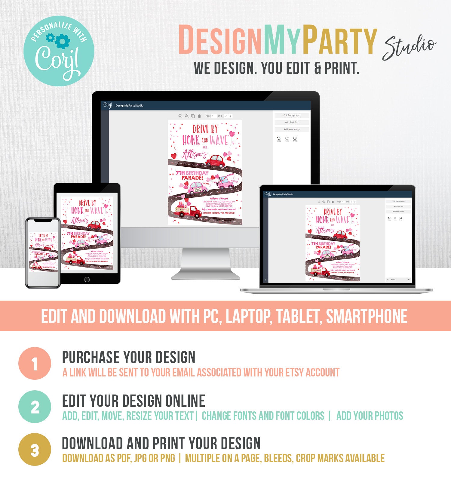 Editable Little Sweetheart Drive By Birthday Invitation Valentine Girl Hearts Pink Drive Through First 1st Corjl Template Printable 0365