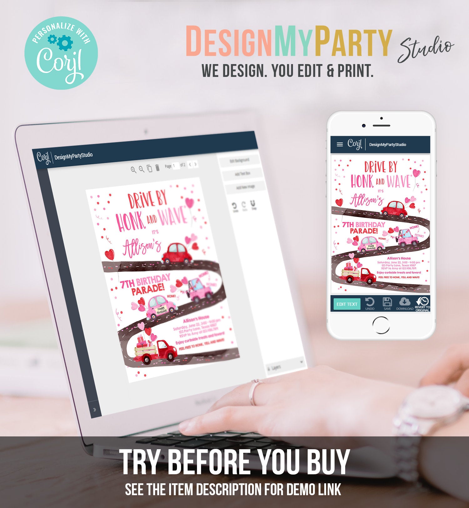 Editable Little Sweetheart Drive By Birthday Invitation Valentine Girl Hearts Pink Drive Through First 1st Corjl Template Printable 0365