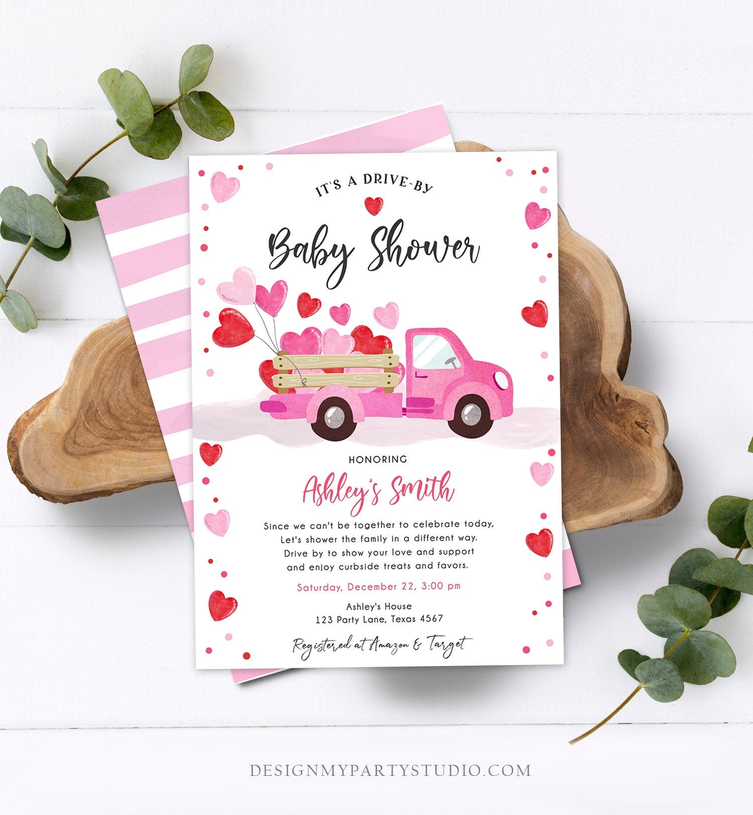 Editable Drive By Little Sweetheart Baby Shower Invitation Valentine Pink Girl Hearts Drive Through Truck Corjl Template Printable 0365