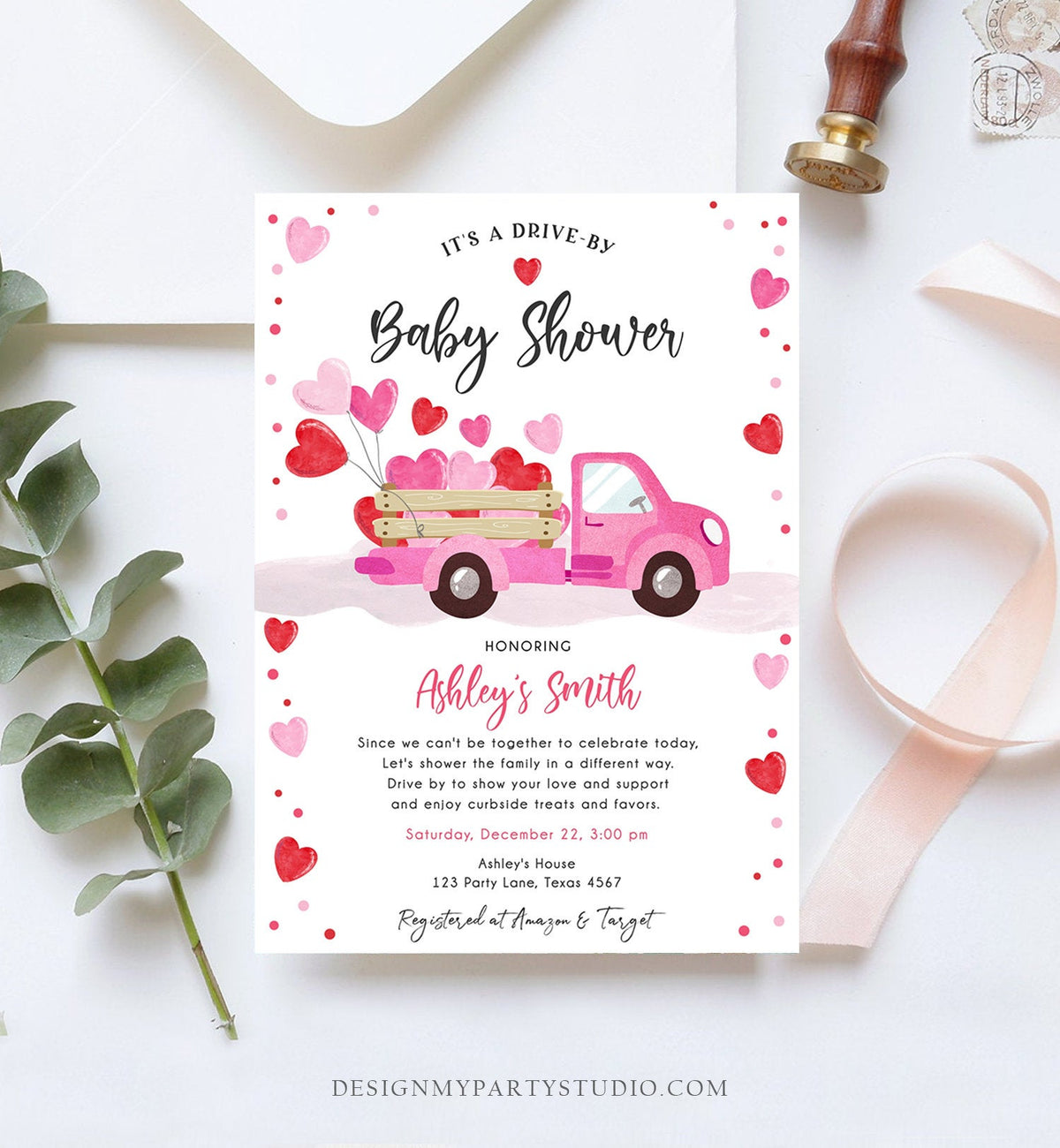 Editable Drive By Little Sweetheart Baby Shower Invitation Valentine Pink Girl Hearts Drive Through Truck Corjl Template Printable 0365