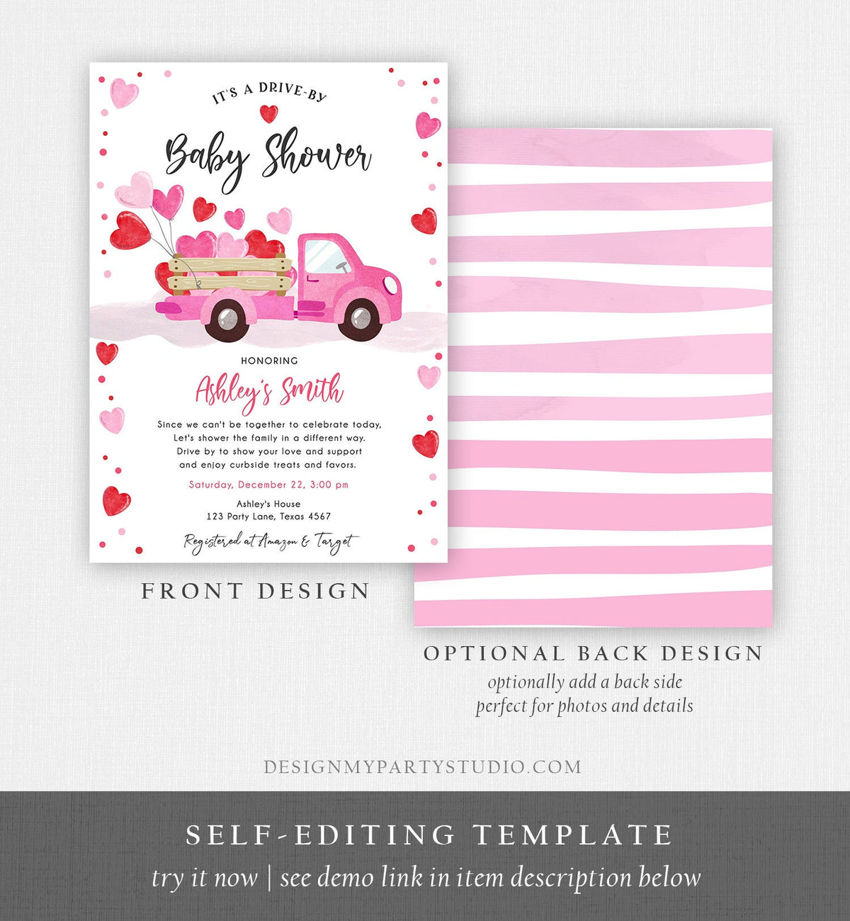 Editable Drive By Little Sweetheart Baby Shower Invitation Valentine Pink Girl Hearts Drive Through Truck Corjl Template Printable 0365