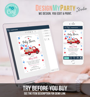 Editable Drive By Little Sweetheart Baby Shower Invitation Valentine Red Blue Boy Hearts Drive Through Truck Corjl Template Printable 0365