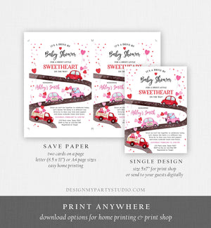 Editable Drive By Little Sweetheart Baby Shower Invitation Valentine Pink Girl Hearts Drive Through Truck Corjl Template Printable 0365