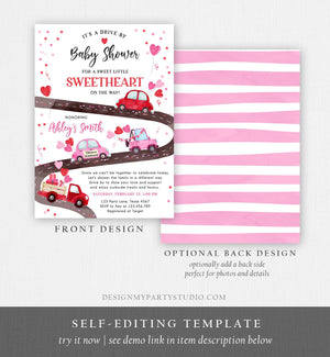 Editable Drive By Little Sweetheart Baby Shower Invitation Valentine Pink Girl Hearts Drive Through Truck Corjl Template Printable 0365
