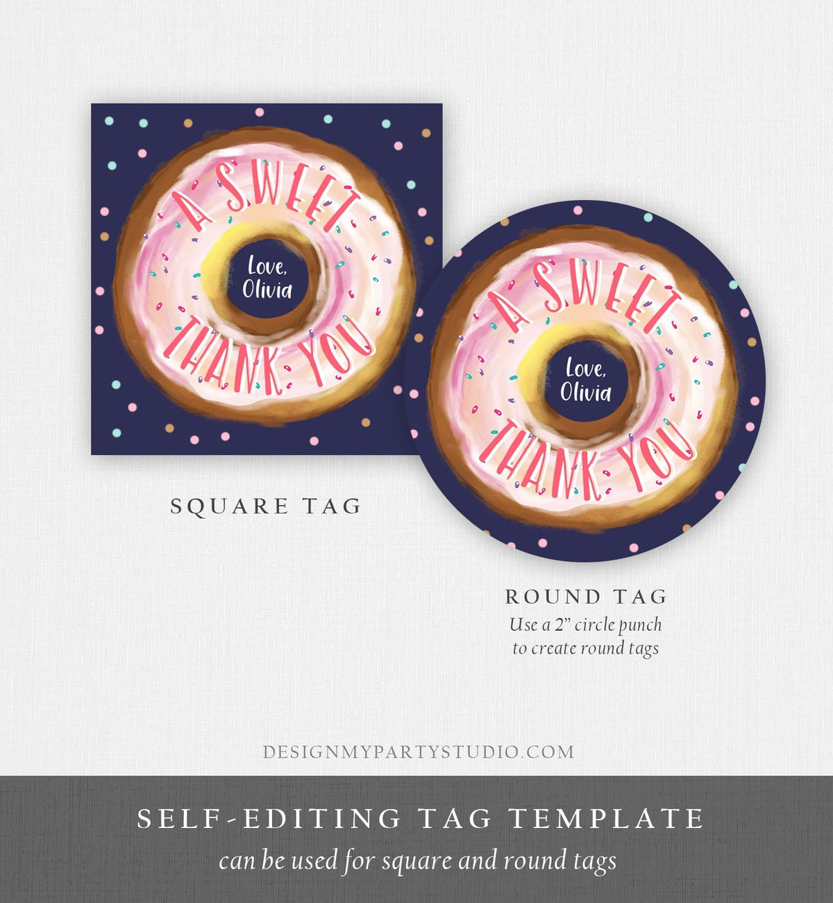Editable Donut Favor Tags Donut Birthday A Sweet Thank You Donut Tag Stickers Girl Pink Donut Dough Two Sweet Tags Round Template Corjl 0368