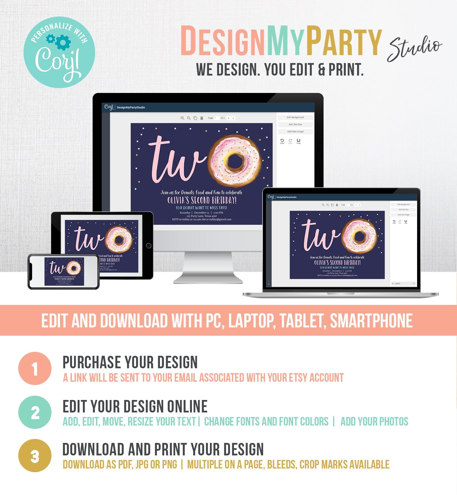 Editable Donut 2nd Birthday Invitation Second Birthday Invite Pink Donut Girl Two Sweet Party Digital Download Printable Template Corjl 0368