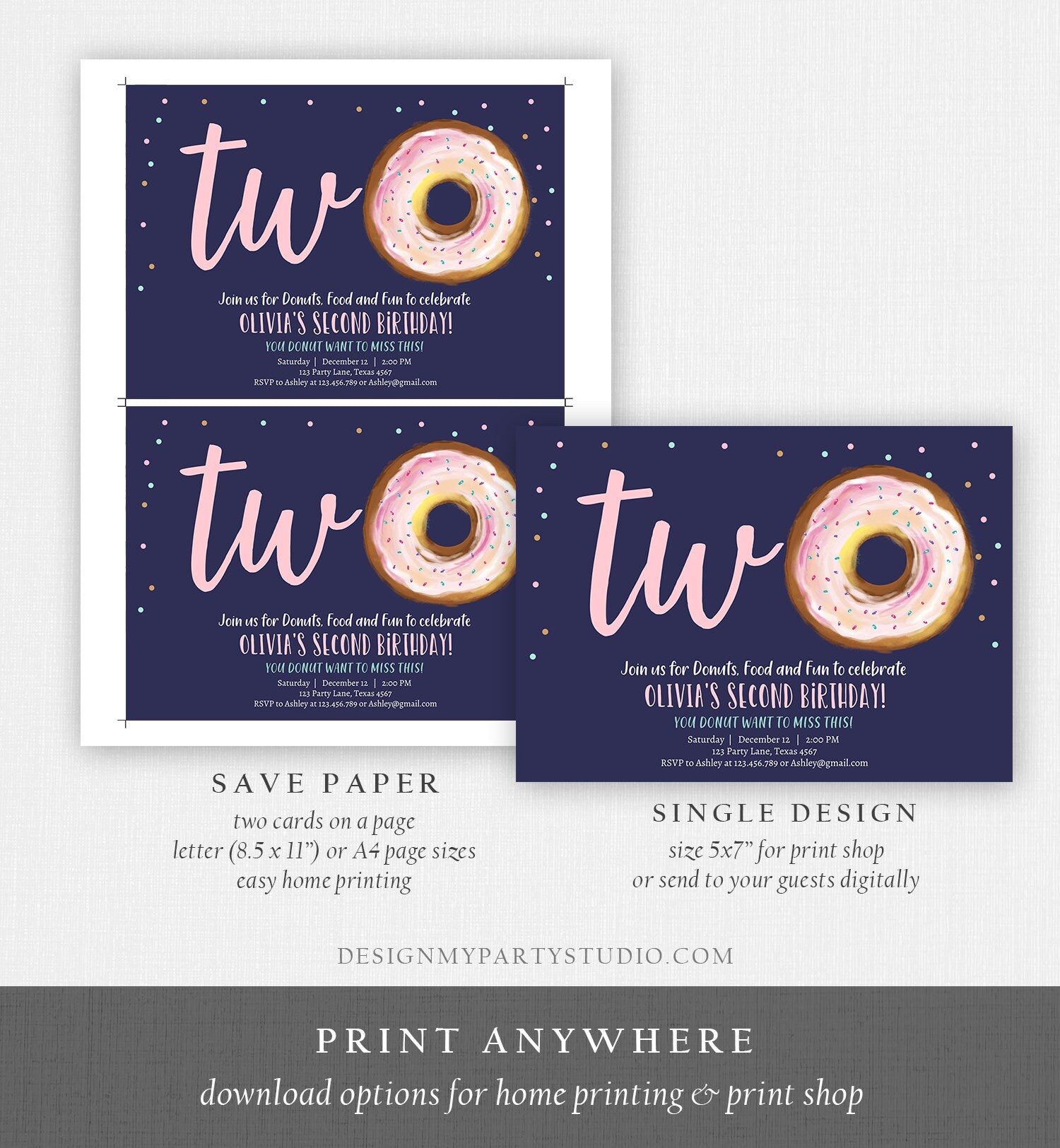 Editable Donut 2nd Birthday Invitation Second Birthday Invite Pink Donut Girl Two Sweet Party Digital Download Printable Template Corjl 0368