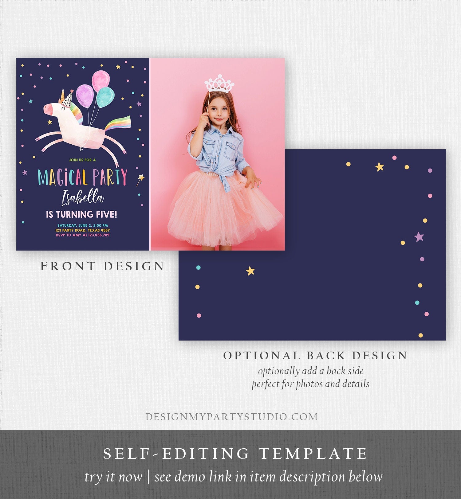 Editable Unicorn Birthday Invitation Magical Party Invite Girl Pink First Birthday Digital Invite Template Reainbow Download Corjl 0336