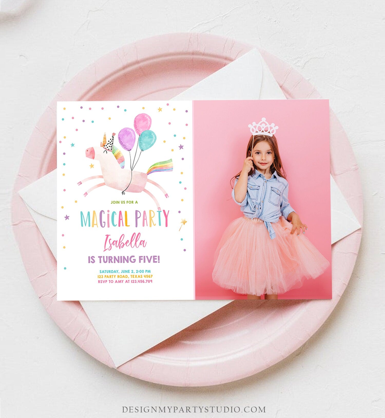 Editable Unicorn Birthday Invitation Magical Party Invite Girl Pink First Birthday Digital Invite Template Reainbow Download Corjl 0336