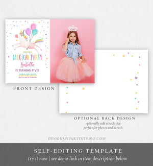 Editable Unicorn Birthday Invitation Magical Party Invite Girl Pink First Birthday Digital Invite Template Reainbow Download Corjl 0336