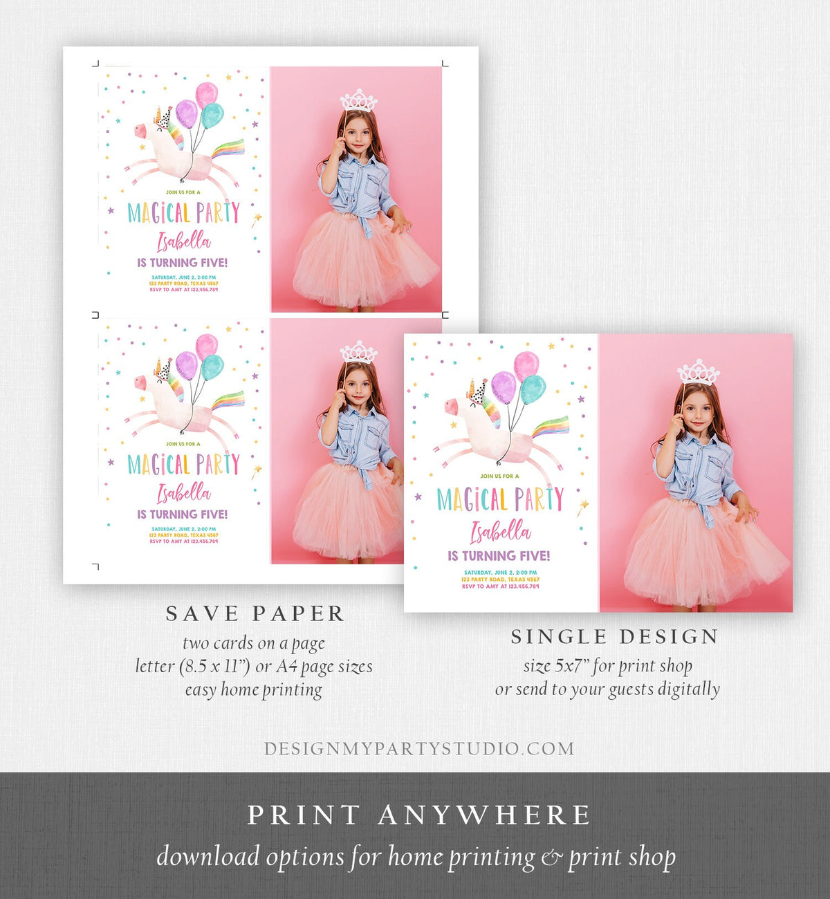 Editable Unicorn Birthday Invitation Magical Party Invite Girl Pink First Birthday Digital Invite Template Reainbow Download Corjl 0336