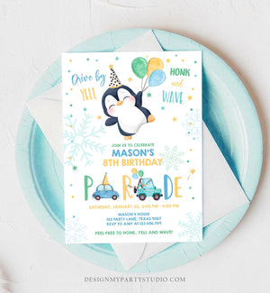 Editable Penguin Drive By Birthday Parade Invitation Winter Party Invite Honk Wave Car Boy Blue Drive Through South Pole Digital Corjl 0372