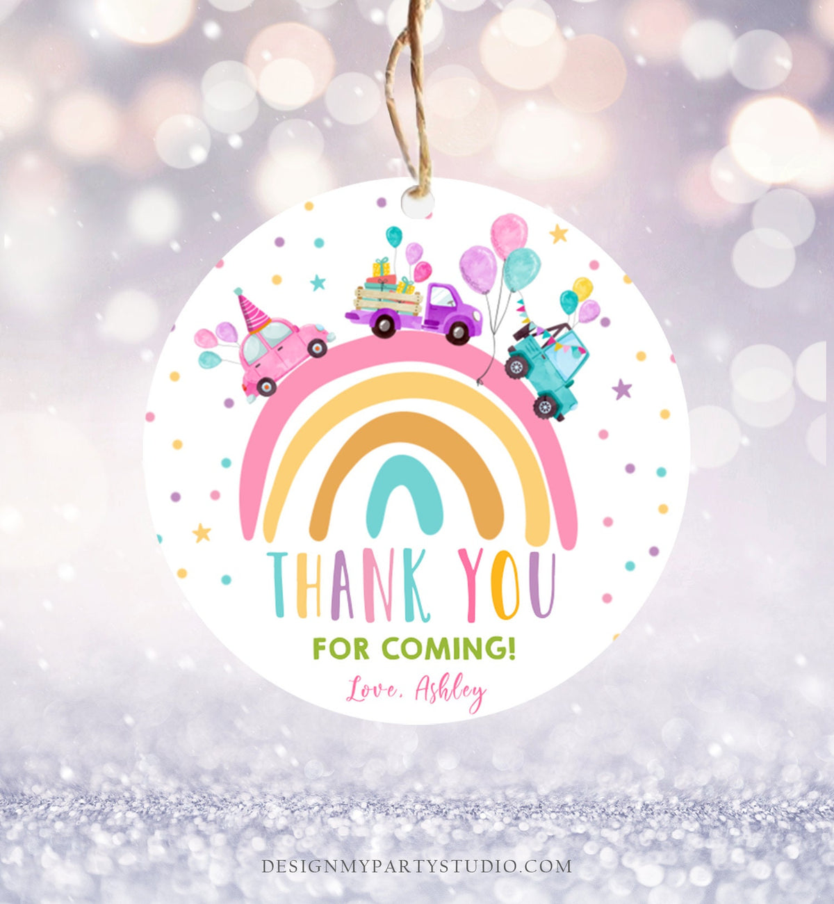Editable Rainbow Favor Tag Drive By Birthday Favors Party Parade Magical Rainbow Thank You Gift Tags Pink Girl Corjl Template Printable 0333