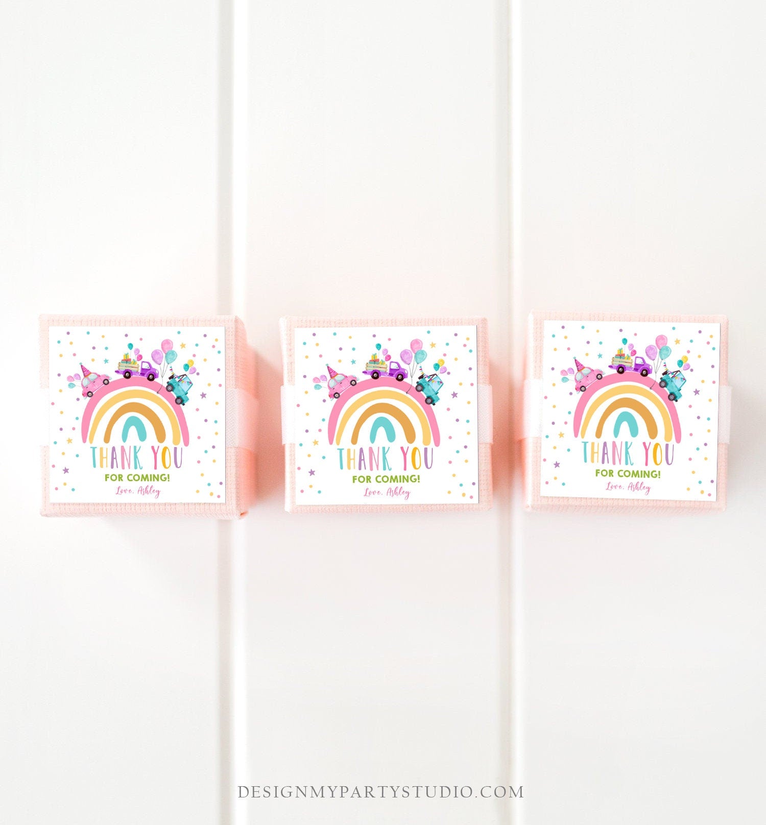 Editable Rainbow Favor Tag Drive By Birthday Favors Party Parade Magical Rainbow Thank You Gift Tags Pink Girl Corjl Template Printable 0333