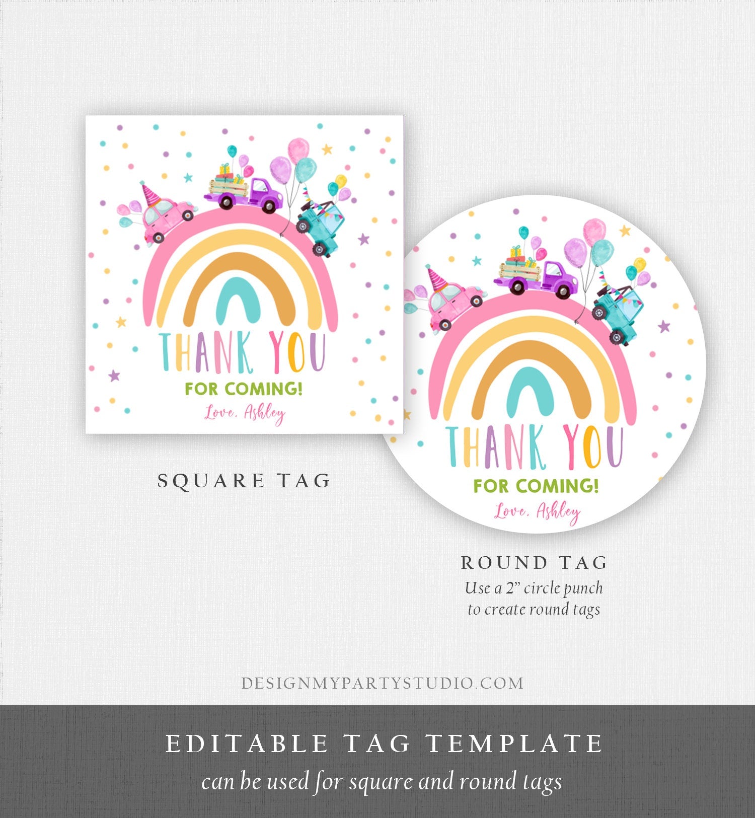 Editable Rainbow Favor Tag Drive By Birthday Favors Party Parade Magical Rainbow Thank You Gift Tags Pink Girl Corjl Template Printable 0333