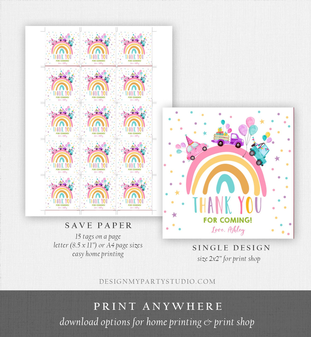 Editable Rainbow Favor Tag Drive By Birthday Favors Party Parade Magical Rainbow Thank You Gift Tags Pink Girl Corjl Template Printable 0333