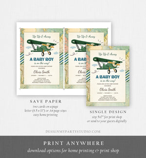 Editable Up Up and Away Airplane Baby Shower Invitation Travel Adventure Baby Boy Green Plane Instant Download Digital Corjl Template 0011
