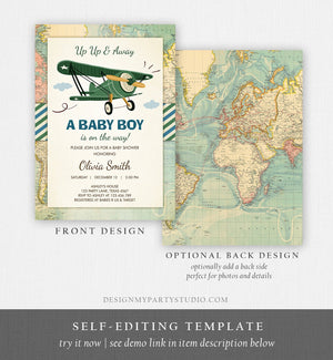 Editable Up Up and Away Airplane Baby Shower Invitation Travel Adventure Baby Boy Green Plane Instant Download Digital Corjl Template 0011