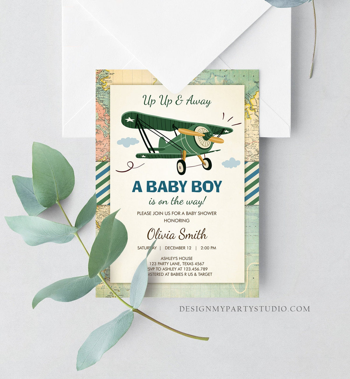 Editable Up Up and Away Airplane Baby Shower Invitation Travel Adventure Baby Boy Green Plane Instant Download Digital Corjl Template 0011