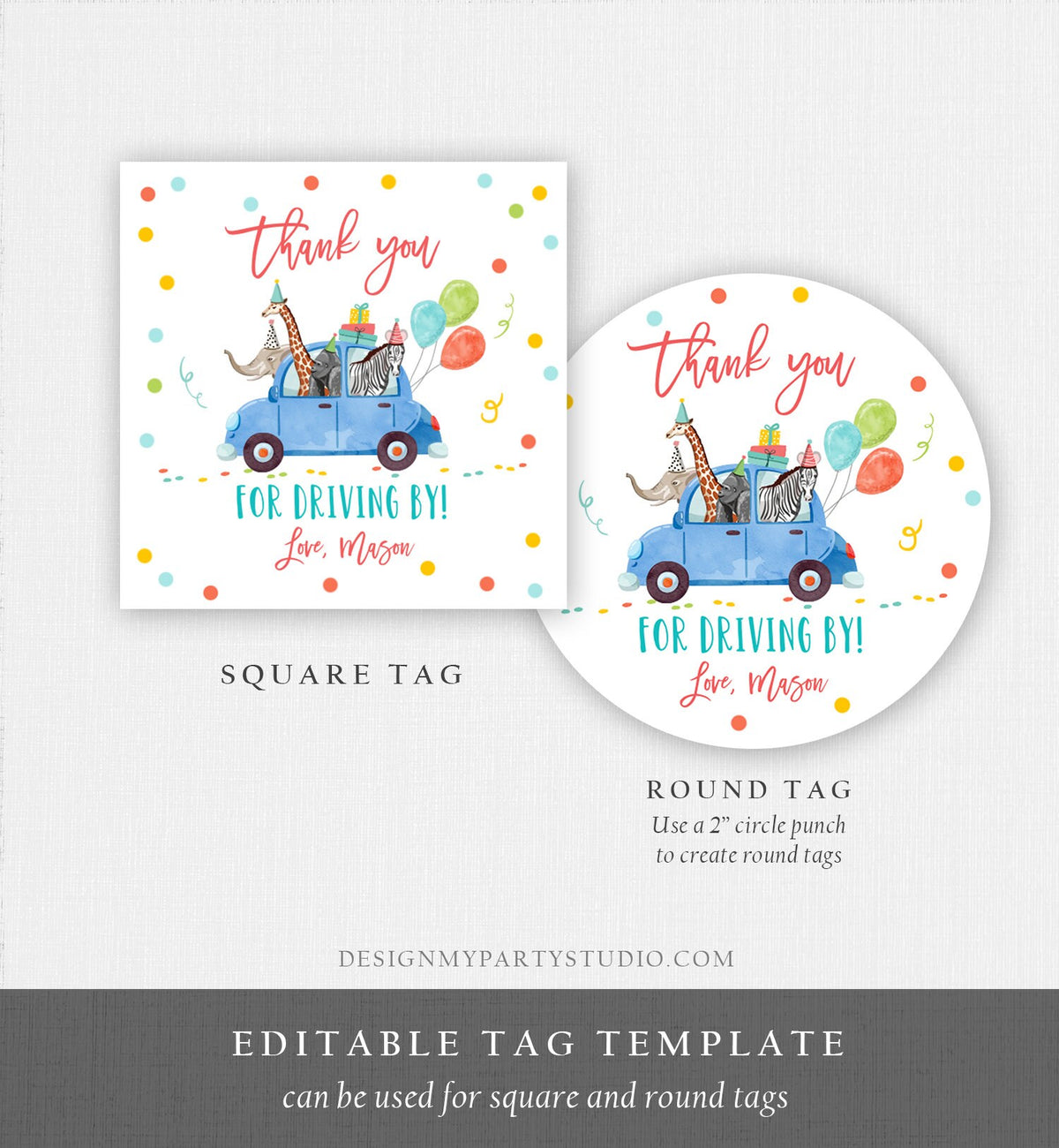 Editable Drive By Favor Tag Safari Animals Birthday Party Parade Thank You Gift Quarantine Blue Car Boy Round Square Corjl Template 0333