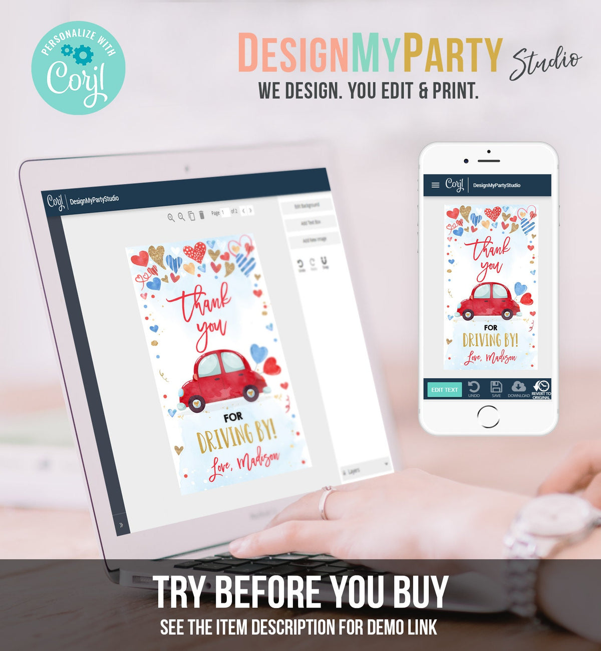Editable Drive By Favor Tag Valentine Hearts Birthday Parade Drive Through Favors Party Thank You Red Pink Car Corjl Template Printable 0371
