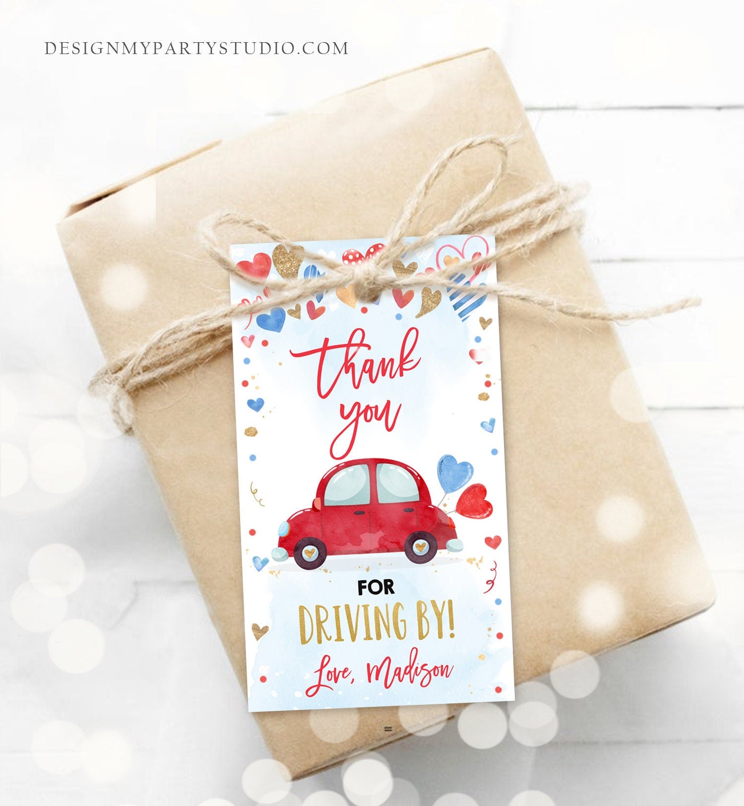 Editable Drive By Favor Tag Valentine Hearts Birthday Parade Drive Through Favors Party Thank You Red Pink Car Corjl Template Printable 0371