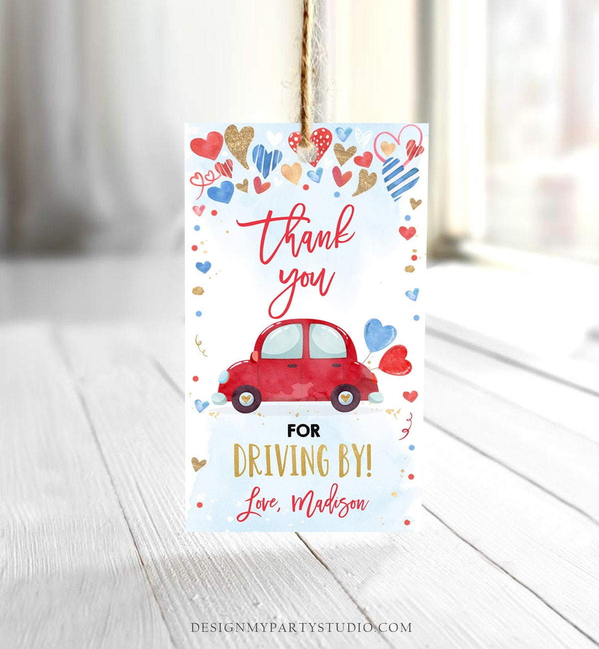 Editable Drive By Favor Tag Valentine Hearts Birthday Parade Drive Through Favors Party Thank You Red Pink Car Corjl Template Printable 0371
