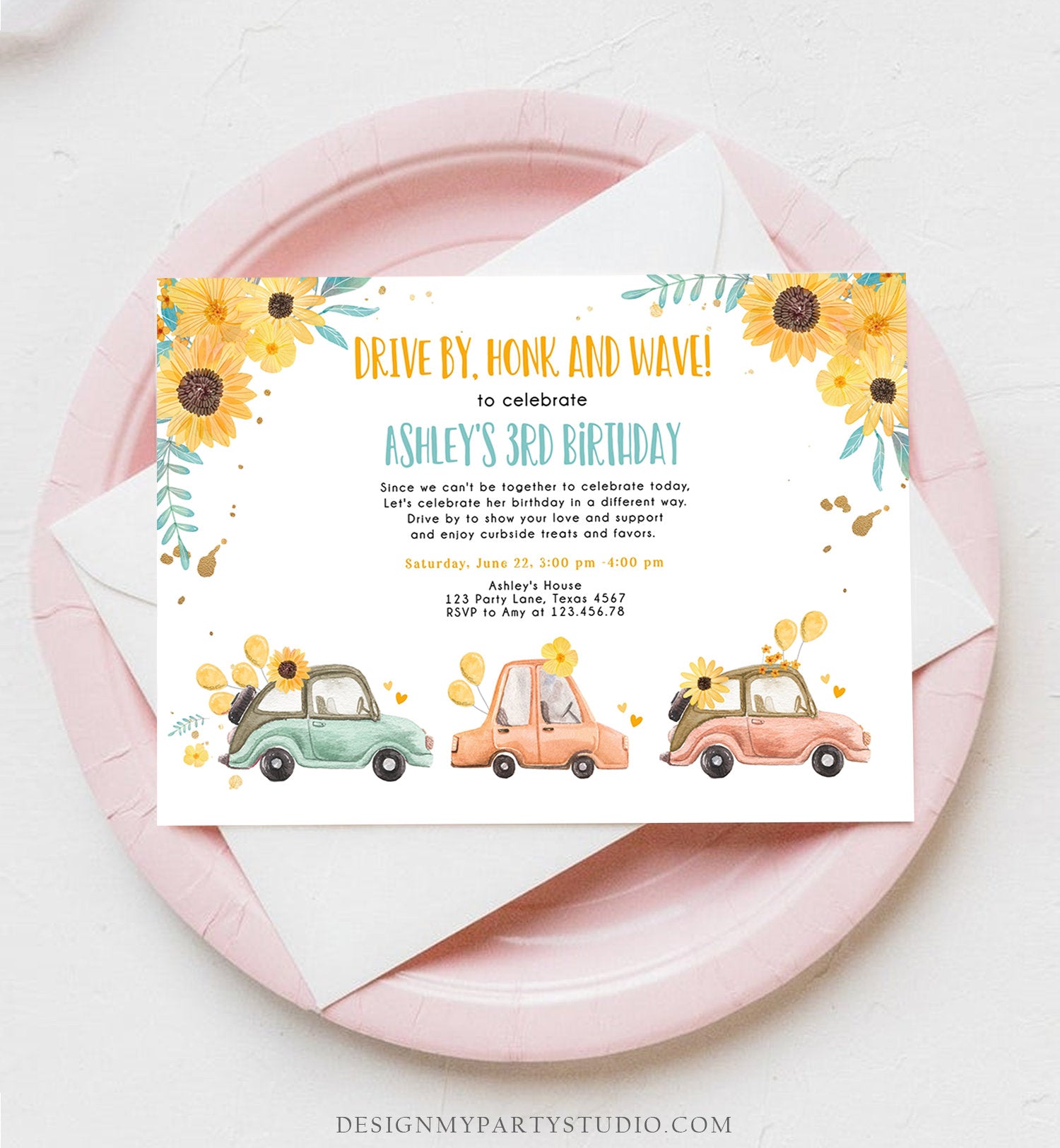 Editable Drive By Birthday Parade Invitation Virtual Party Invite Honk Wave Girl Yellow Sunflowers Summer Drive Through Digital Corjl 0335
