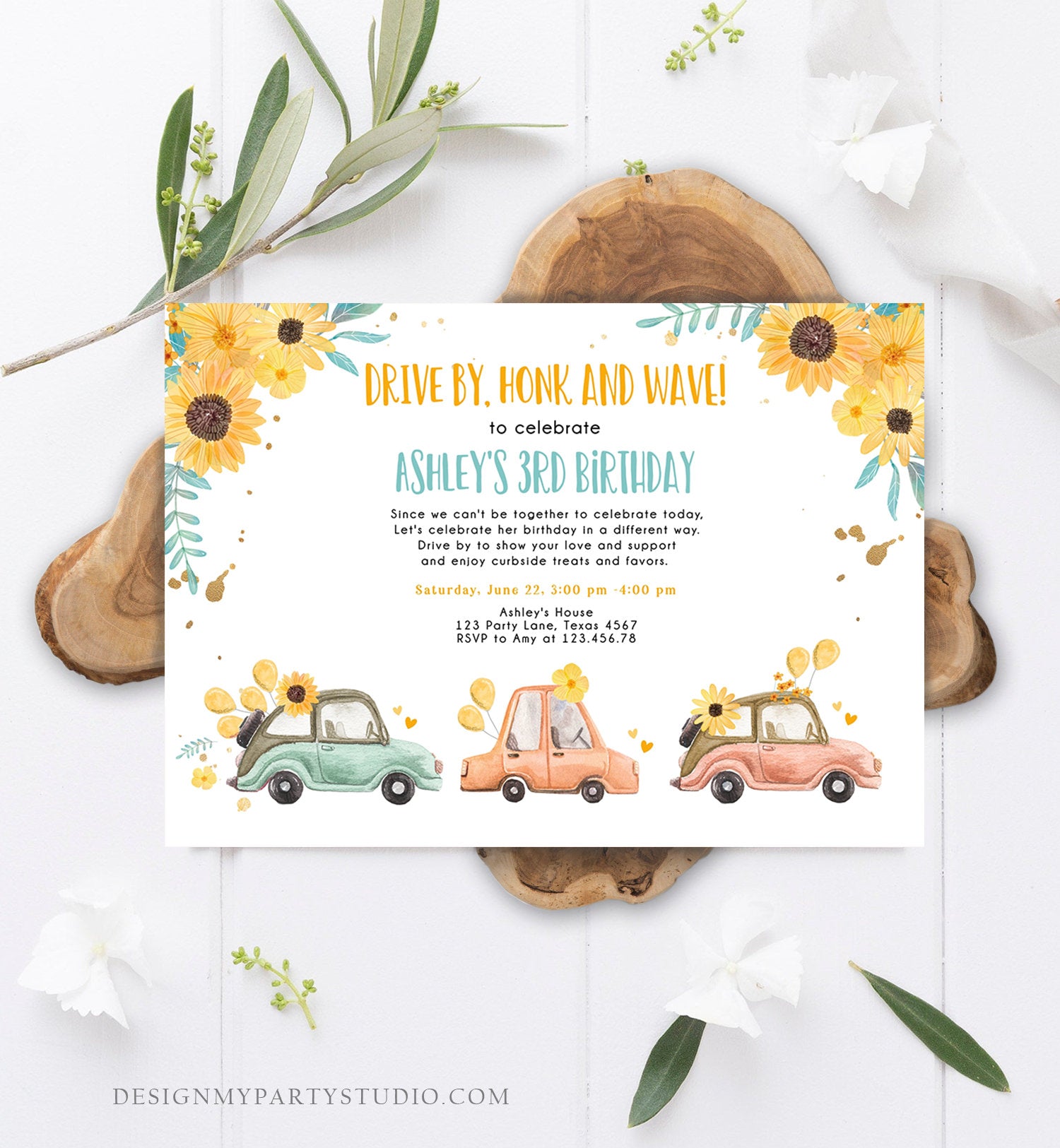 Editable Drive By Birthday Parade Invitation Virtual Party Invite Honk Wave Girl Yellow Sunflowers Summer Drive Through Digital Corjl 0335