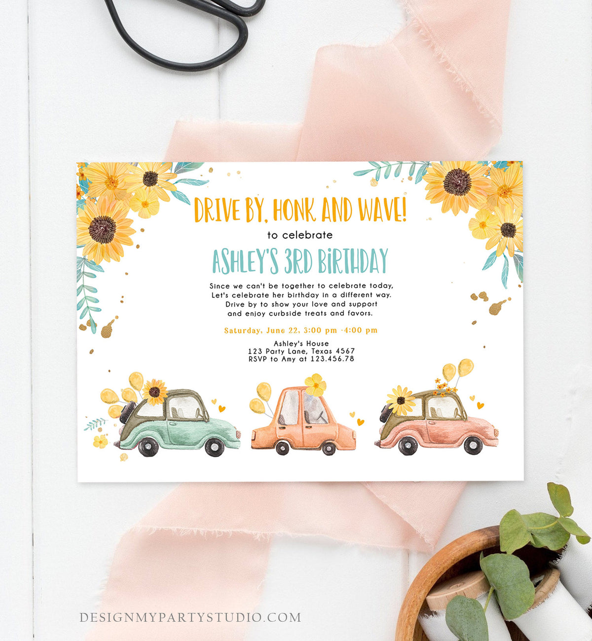Editable Drive By Birthday Parade Invitation Virtual Party Invite Honk Wave Girl Yellow Sunflowers Summer Drive Through Digital Corjl 0335