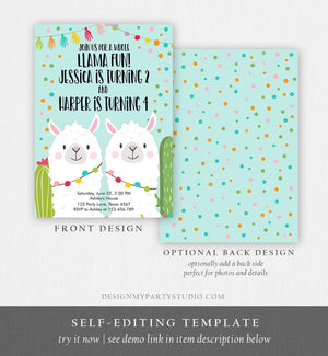 Editable Whole Llama Fun Birthday Invitation Fiesta Twin Llama Cactus Girl Boy Joint Coed Blue Confetti Alpaca Corjl Template Printable 0079
