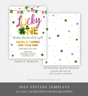 Editable Lucky One Birthday Invitation St. Patrick's Day First Birthday 1st Girl Pink Shamrock Clover Download Corjl Template Printable 0379