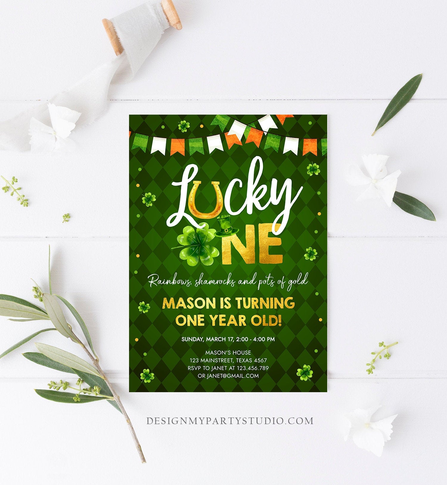 Editable Lucky One Birthday Invitation St. Patrick&#39;s Day First Birthday 1st Boy Shamrock Clover Download Corjl Template Printable 0379