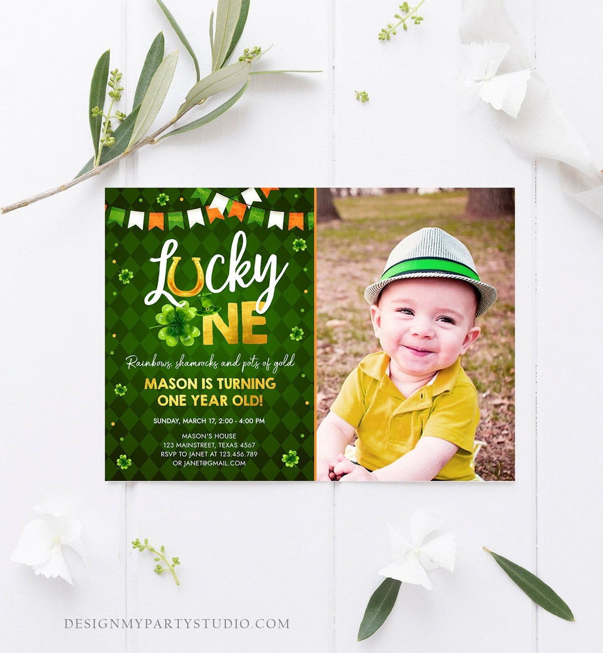Editable Lucky One Birthday Invitation St. Patrick&#39;s Day First Birthday 1st Boy Shamrock Clover Download Corjl Template Printable 0379